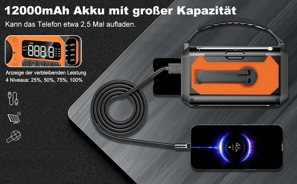 Радіоприймач Kurbelradio на 12000mAh з ручним зарядним пристроєм, сонячною панеллю, AM/FM, радіо для надзвичайних ситуацій, 7-в-1, SOS, ліхтарик, роз'єм для навушників, компас, ліхтар, оранжевий
