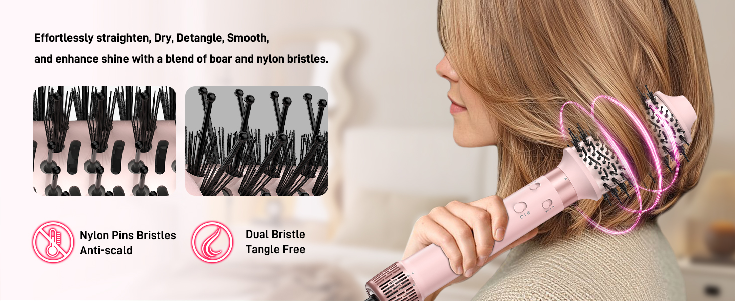 Фен-стайлер 5-в-1 для волосся з іонізацією, набір з насадками, швидка сушка, локони, випрямлення, об'єм, без пошкодження волосся, 100–240V, з сумкою, рожевий