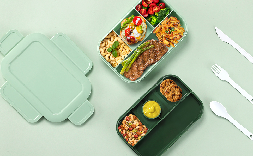 Ланчбокс Sinnsally для дорослих, 2000 мл з відділеннями, бенто-бокс, ланчбокс з посудом, виїздний ланчбокс, виїздний ланчбокс, герметичний ланчбокс, ланчбокс для сніданку, зелений