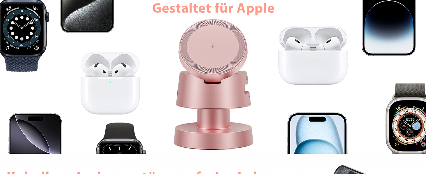 Бездротова зарядка 4-в-1 для iPhone 17/16/15/14 Pro Max з нічним світлом, сумісна з Apple Watch та AirPods, рожева