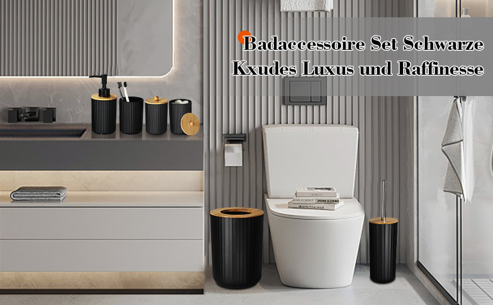 Набір аксесуарів для ванної кімнати GMISUN 6 предметів, чорний: мильниця, дозатор мила, стакан для зубної пасти, відро для сміття, тримач для туалетного йоржика, у стилі Farmhouse Boho