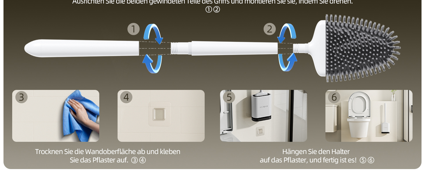 Щітка для унітазу ASOBEAGE з силікону: гнучкий наконечник, ручка з нержавіючої сталі, настінний кріплення, швидковисихаючий тримач для чищення ванної кімнати (Чорний) (Ширина 3 см, 1 шт.)