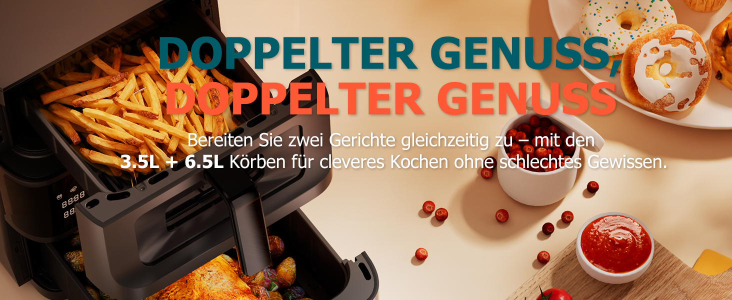 Електрична фритюрниця без олії (10л) з подвійним набором камер, подвійний набір, сенсорний екран, 10 програм, таймер, чорна