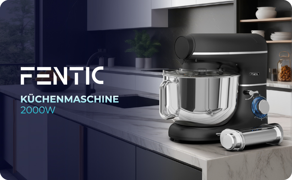 Кухонна машина з машиною для пасти – 2000W, електрична – з нержавіючою чашею 6.2L (чорна)