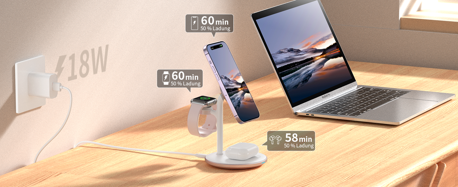 База для бездротової зарядки 3-в-1: iPhone, iWatch, AirPods. 15W, MagSafe, рожеве золото