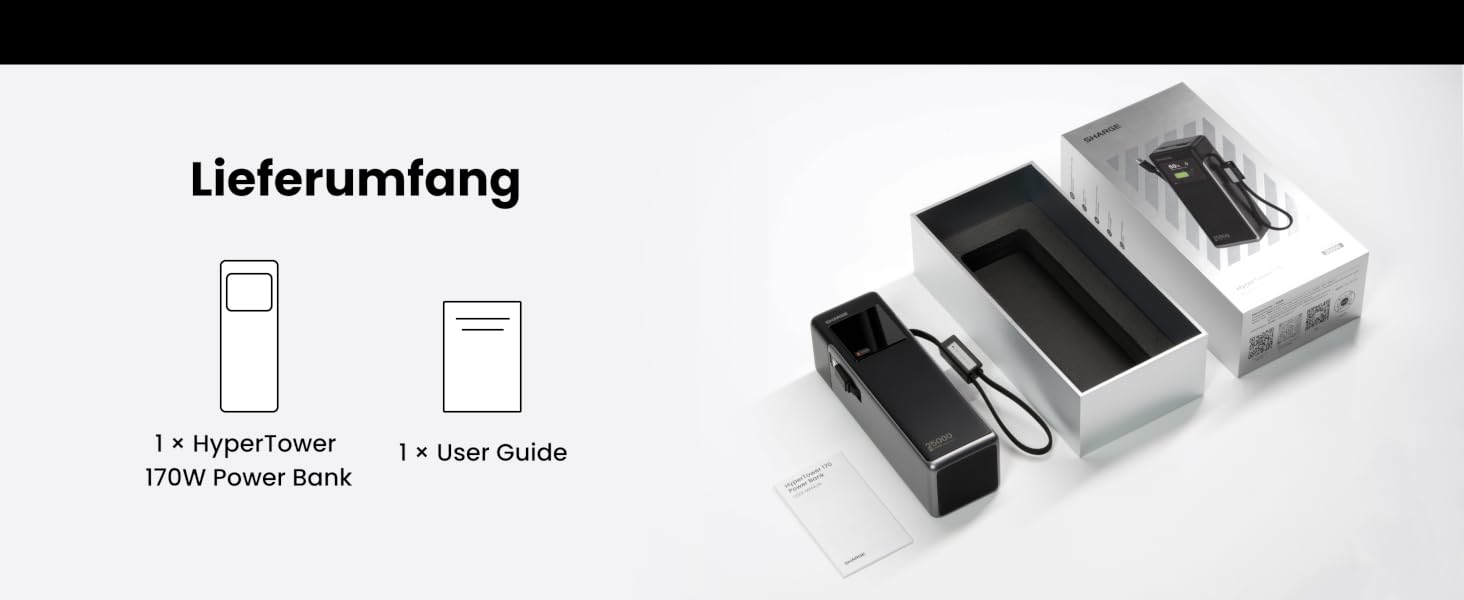 Потужний павербанк SHARGE HyperTower 170W 25000mAh з TFT-дисплеєм, 4 портами (3x USB-C, 1x USB-A) та вбудованими кабелями для MacBook Pro та ноутбуків, чорний