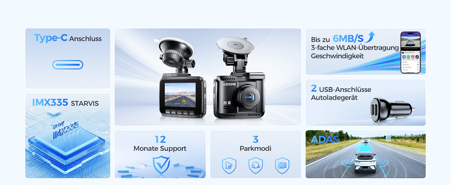 Відеореєстратор AZDOME GS63H 4K з Wi-Fi, GPS, Нічне бачення та Широким кутом 170°, WDR, IPS 2.4', Паркувальний режим, Детектор руху, Циклічна запис