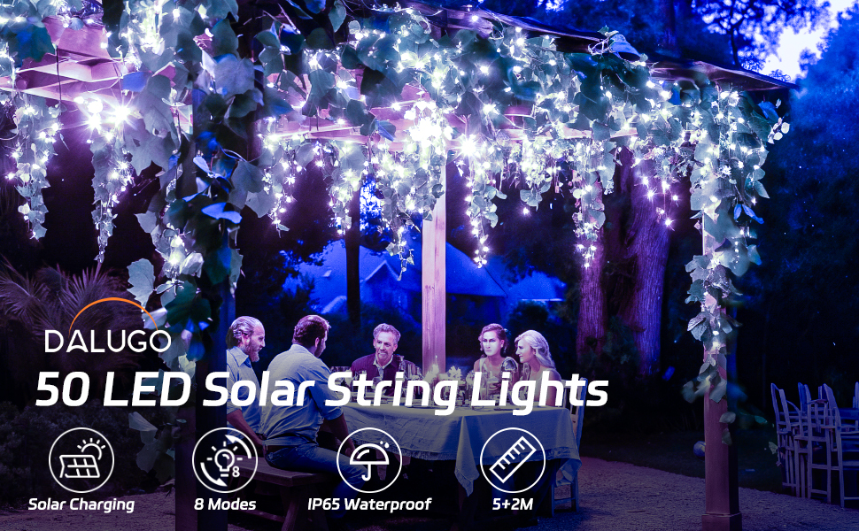 Сонячна гірлянда для зовнішнього використання, 120 LED, холодне біле світло, 8 режимів, для саду, двору, тераси, весільної декоратації, вологостійка (5м, холодне біле світло)
