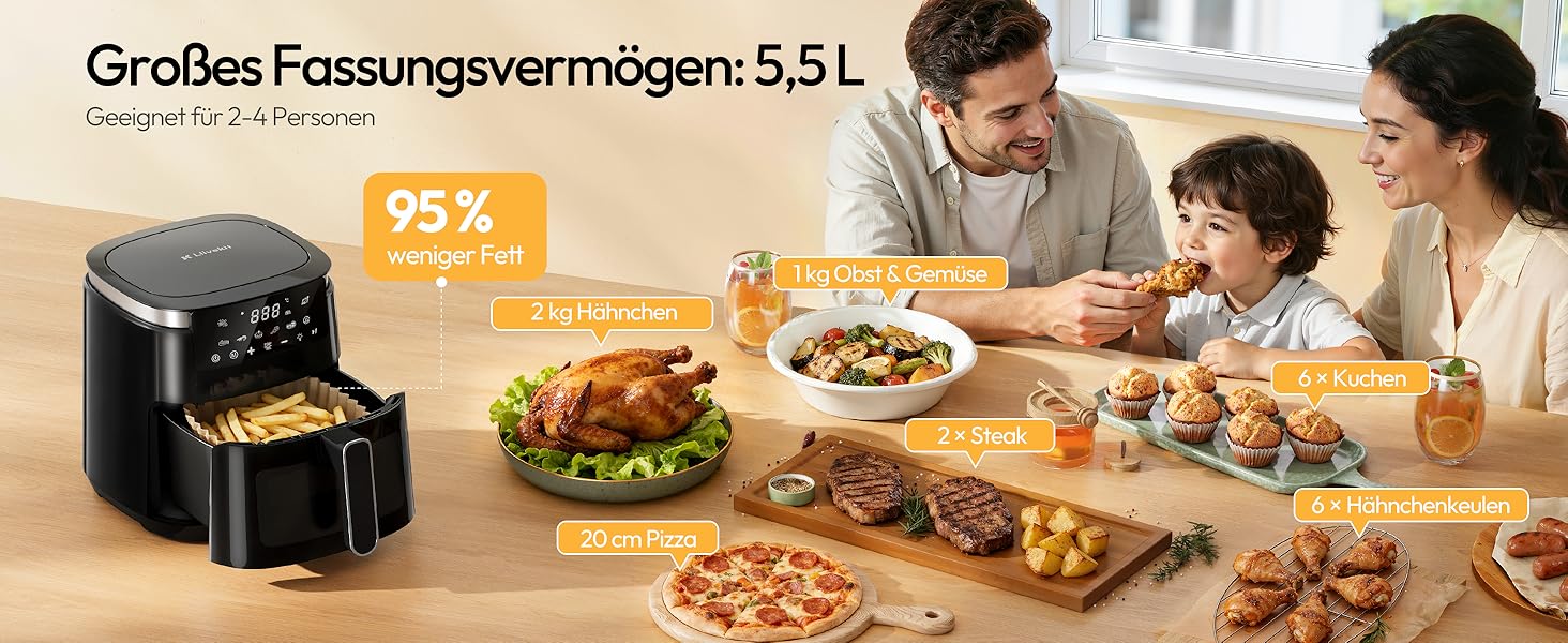 Аерофритюрниця LLIVEKIT 5.5л для 2-4 осіб: 8-в-1, з вікном, чорна. Економія олії 95%, енергії 70%, підтримання тепла