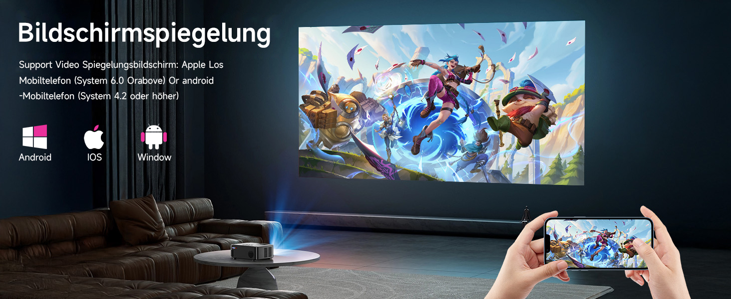 Проектор SCREENMAX для дому та вулиці, 1080P, WiFi 6, Bluetooth 5.3, 50% Zoom, HDMI/AV/Laptop/iPhone, Чорний