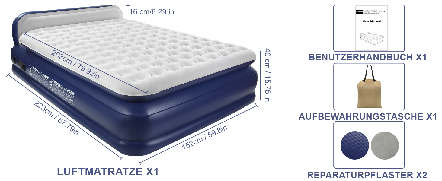 Надувна матрац KMZ з електричним насосом, подвійна висота - для дому, подорожей та кемпінгу. Міцна надувна ліжко (подвійний)