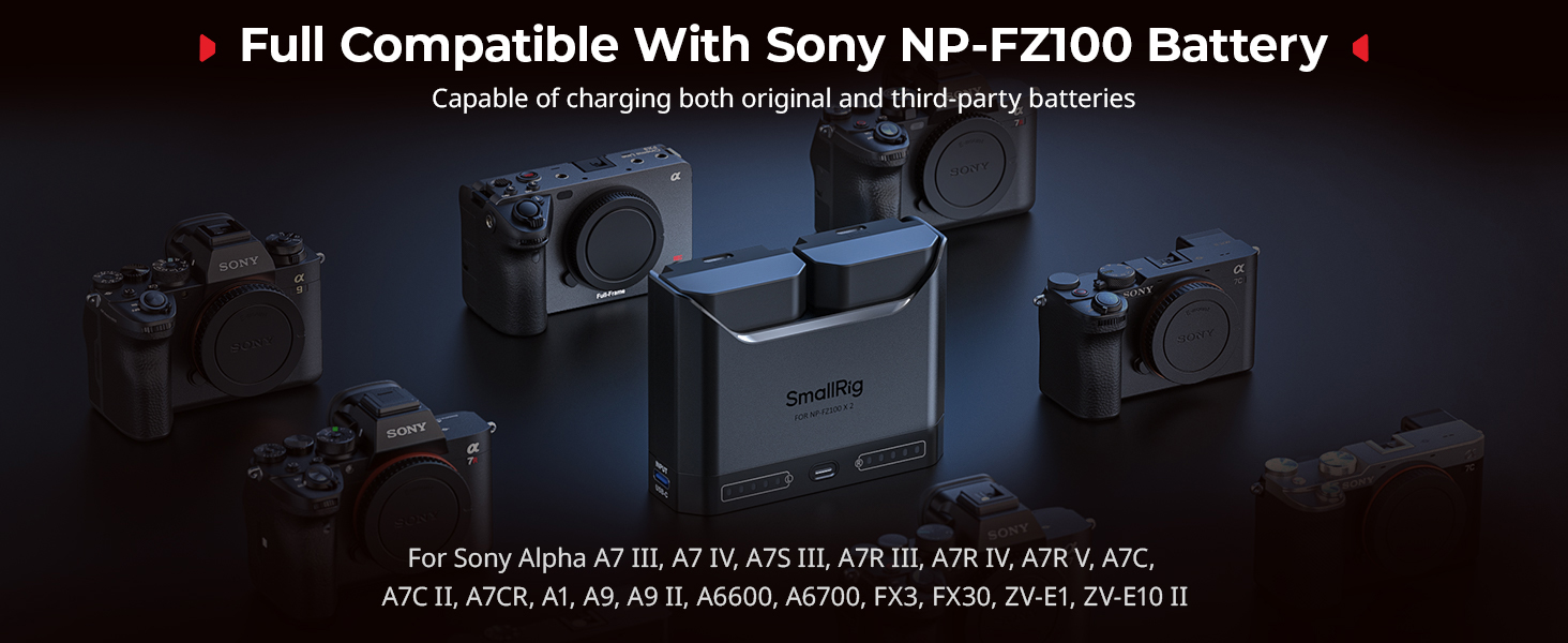 Зарядний пристрій SMALLRIG для акумуляторів Sony NP-FZ100 з двома USB-C портами, 22.5W, сумісний з Sony Alpha A7III, A7IV, A6700, FX3, FX30, A9, A7C, A7CII, A7RIII, ZV-E1, ZV-E10II