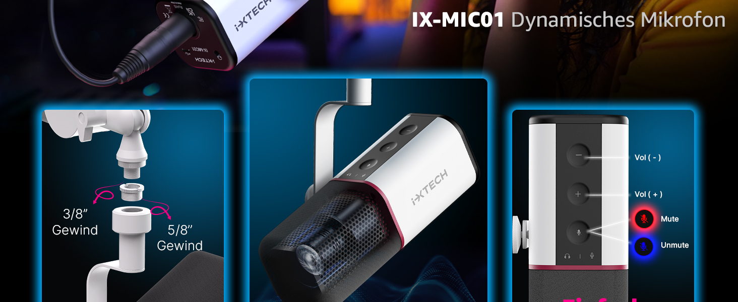 IXTECH Мікрофон з нирковою характеристикою RGB, USB/XLR, для студії, подкастів, стрімінгу, геймінгу та запису голосу, білий