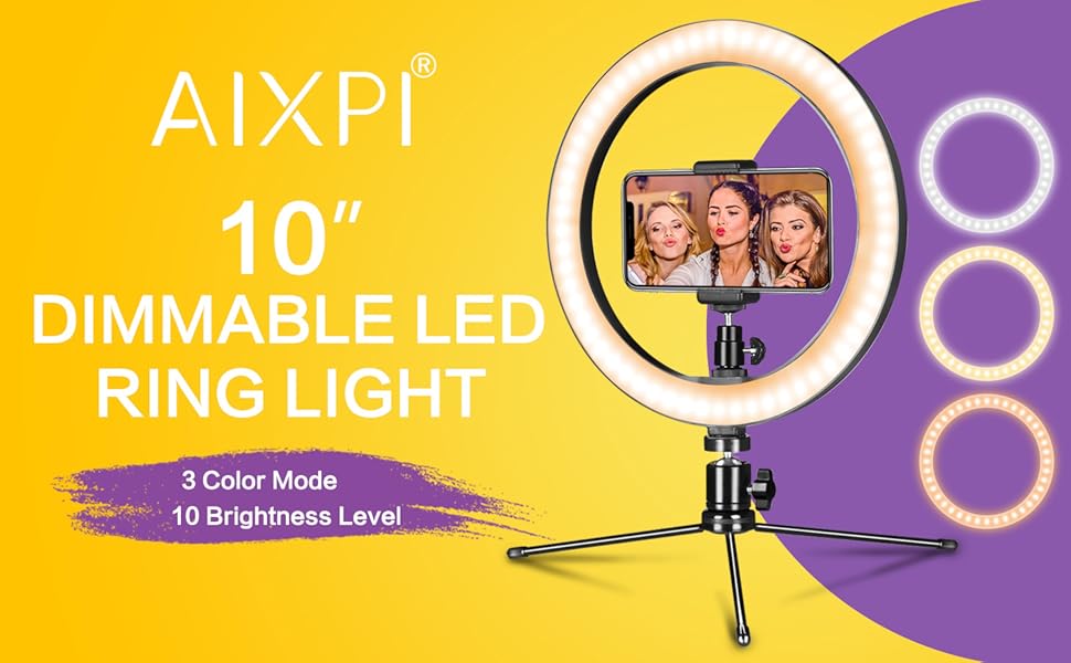 LED-кільцеве світло AIXPI 10 дюймів зі штативом та тримачем для телефону, для стрімінгу та YouTube, регульоване освітлення для фото та відео, 3 режими та 10 рівнів яскравості