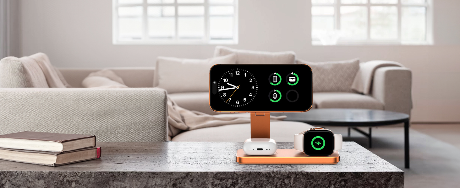Бездротова зарядна станція 3 в 1 для Apple iPhone 17/16/15/14/13/12, Apple Watch Ultra/11/10/SE та AirPods 4/3/2, сумісна з MagSafe, складана, помаранчева