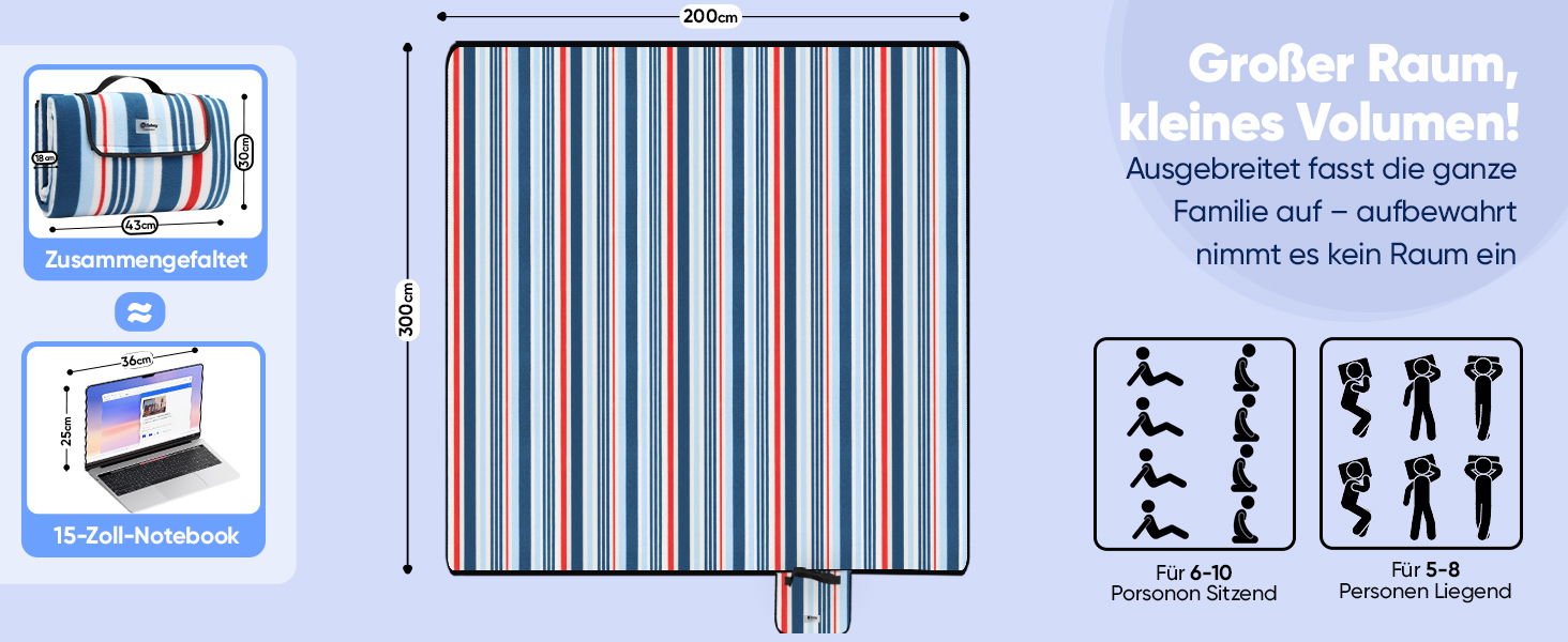 Килимок для пікніка Sekey 200x200 см, вологостійкий, пісконепроникний, для пляжу та кемпінгу, блакитно-білий у смужку