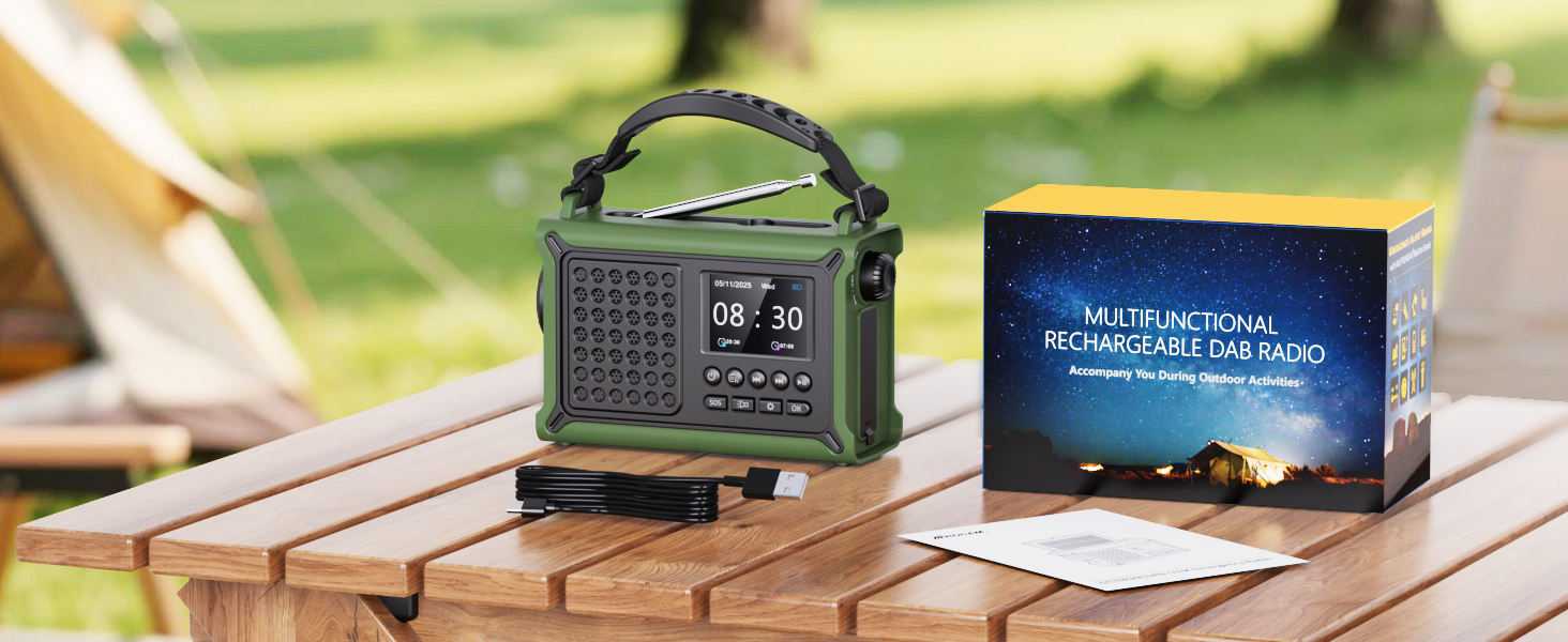 ROCAM Портативне радіо DAB+ з Bluetooth, 12000mAh, радіо з ручкою, сонячна панель 8500мм², 650mA, DAB/UKW, 2.4' дисплей, 80 станцій, LED ліхтарик, USB, SOS, IPX6, для надзвичайних ситуацій, зелене