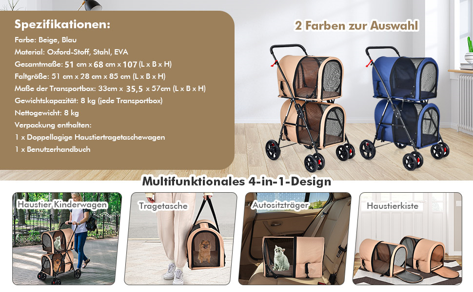 COSTWAY 2-ярусна візок для собак та котів, до 16 кг, з сітковими віконцями, тримачем для напоїв та зчіпкою, блакитний