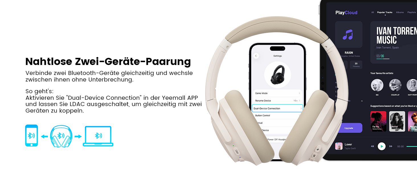 Навушники бездротові 1Mii AI Y8+ Bluetooth 6.0 з активним шумозаглушенням LDAC, 100 годин роботи, бежеві