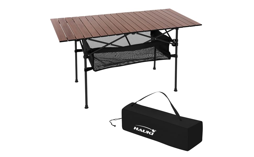 Стіл для кемпінгу Hauki, розкладний, коричневий, 118 x 55 x 64,5 см, алюмінієвий, з мотузковою поверхнею, для відпочинку, саду, балкону, подорожей, ринку, з сумкою, колір: коричневий (темне дерево)