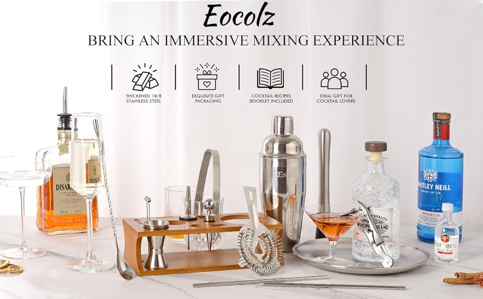 Cocktail Shaker Set with Bamboo Stand & Recipe Book - 750ml Stainless Steel Bar Set with 17-Piece Cocktail Mixing Kit - Bartender Gift for Women
