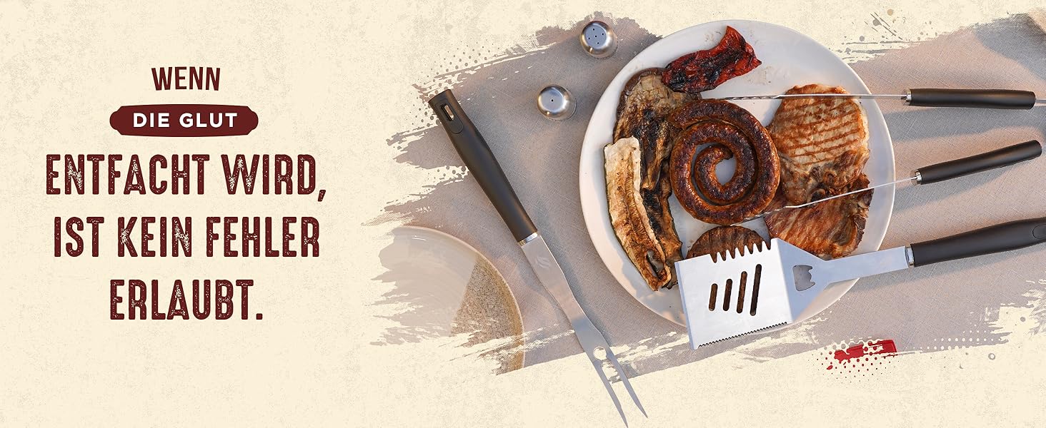 HORUS 23 Набір гриля з аксесуарами з нержавіючої сталі: щитківка, рукавиці для захисту від тепла, килимок для гриля - подарунок для чоловіків