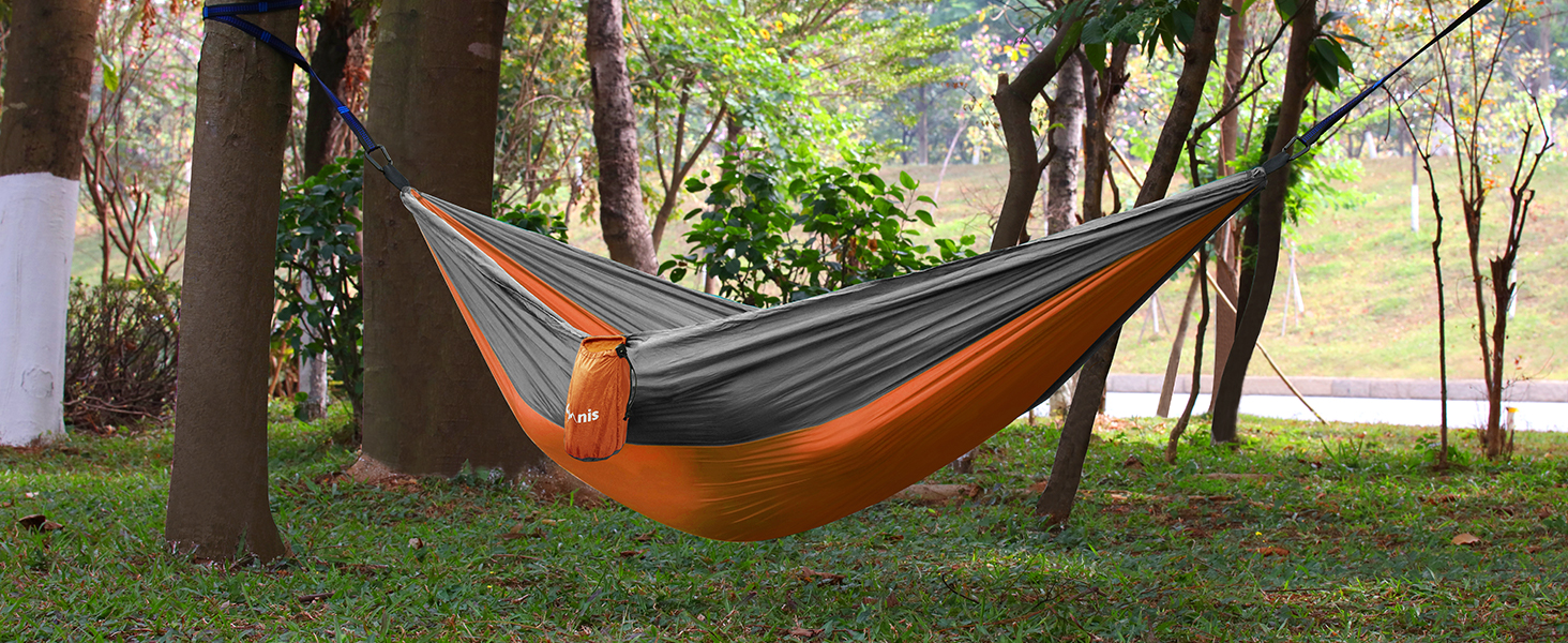 Гімніс Гамак для відпочинку на відкритому повітрі Ultraleicht, 275x140 см, з мотузками та карабінами, 300 кг, Оранжевий - Сірий