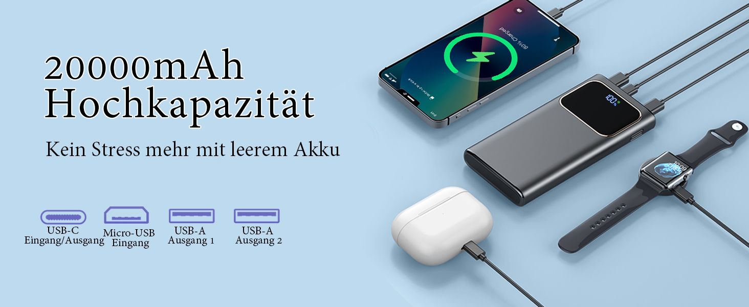 Power Bank 20000mAh з USB-C, PD 3.0, QC 4.0, 22.5W, чорний - для iPhone, Samsung та інших