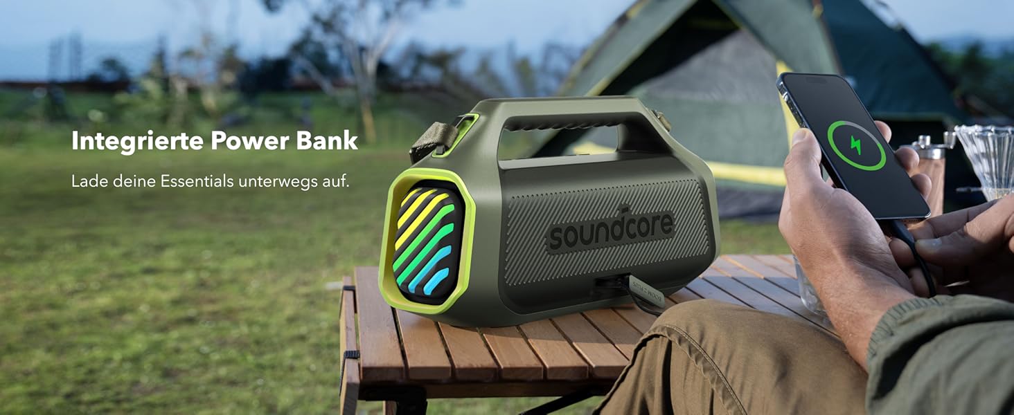 Soundcore Boom 2 Plus: Портативна Bluetooth Колонка, 140W, IPX7, RGB, Power Bank, USB-C, 20 годин, для кемпінгу (зелена)