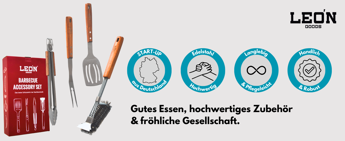 Набір гриль-посуду LEÓN Goods®: щипці, лопатка, виделка, щітка для гриля (4 шт.) з нержавіючої сталі та акації, для газових грилів. Ідеальний подарунок для гриля!