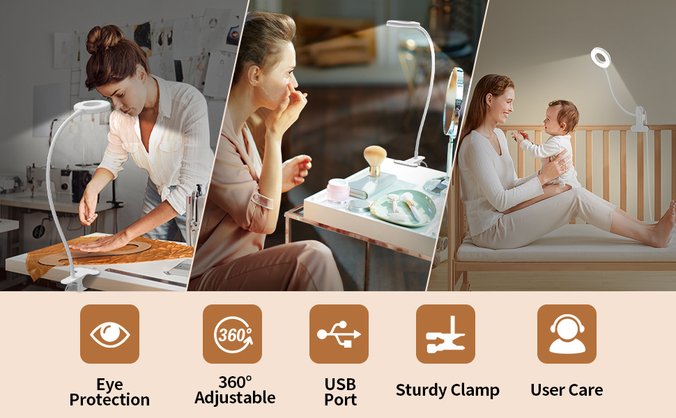 iZELL LED лампа для читання з гнучким 40см штангою, диммер, 3 режими, 10 рівнів яскравості, USB-зарядка, для читання та роботи