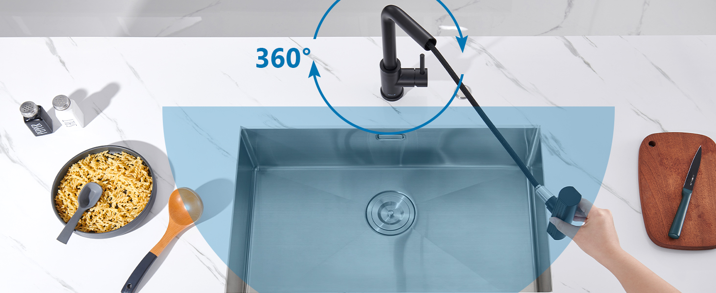 Чорний кухонний змішувач з висувною лійкою, водоспад, високий тиск, 3 режими, поворотний на 360°, з нержавіючої сталі, матовий, для кухні