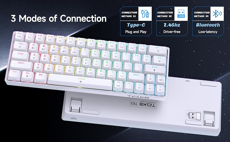 Ігрова клавіатура TMKB T63 з механічними синіми вимикачами, Bluetooth/2.4G/з кабелем