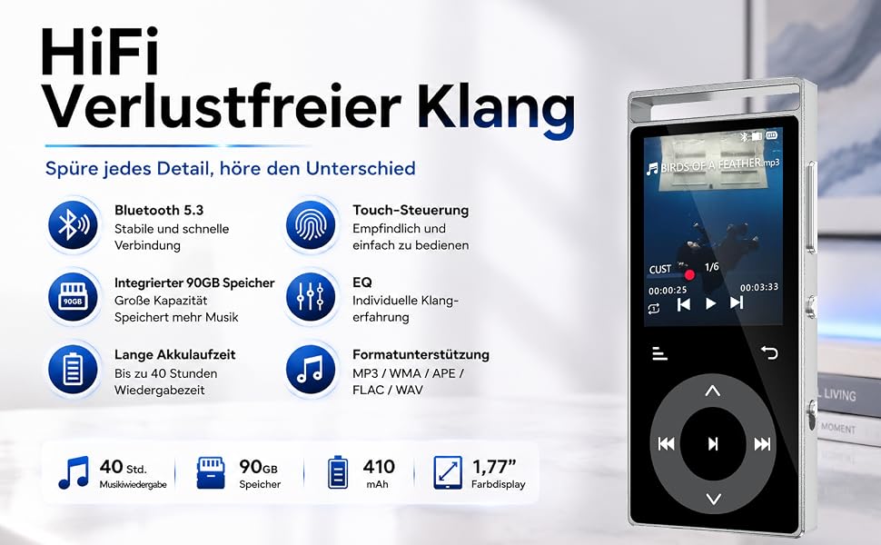 MP3 плеєр 90GB з Bluetooth 5.3 та HiFi звуком, сенсорним керуванням, кольоровим дисплеєм та FM-радіо, металевий корпус, підтримка карт пам'яті до 128GB, чорний/сріблястий