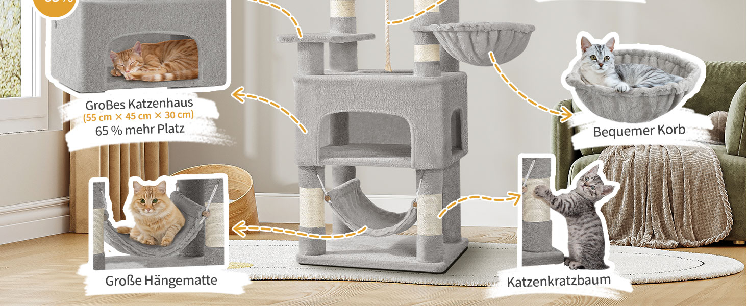 Кігтеточка для котів Hzuaneri, 176 см, XL, 3 платформи, 2 печери, 7 стовпчиків, гамак, плюшеві кульки, для багатокотових домівок, MS17618SG (Світло-сірий)