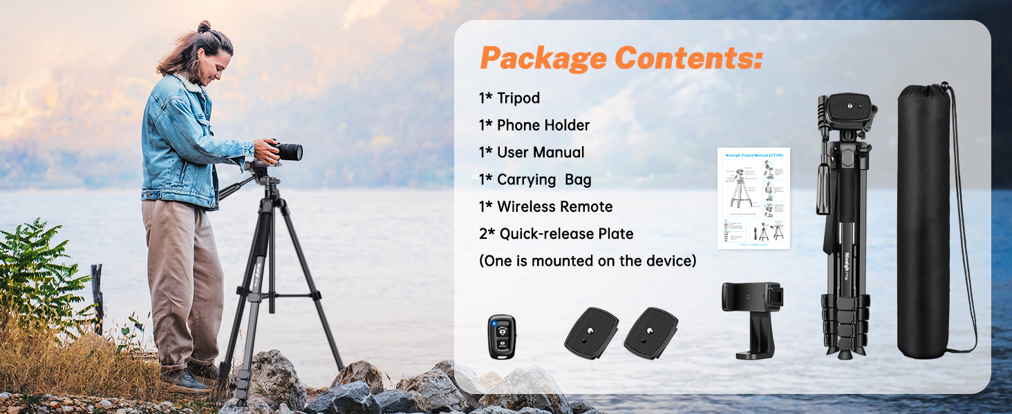 Штатив для камери та смартфона Nineigh, 190 см, з пусковим гачком, легкий алюмінієвий, з трьохсторонньою головкою, для iPhone/Samsung/Huawei/DSLR