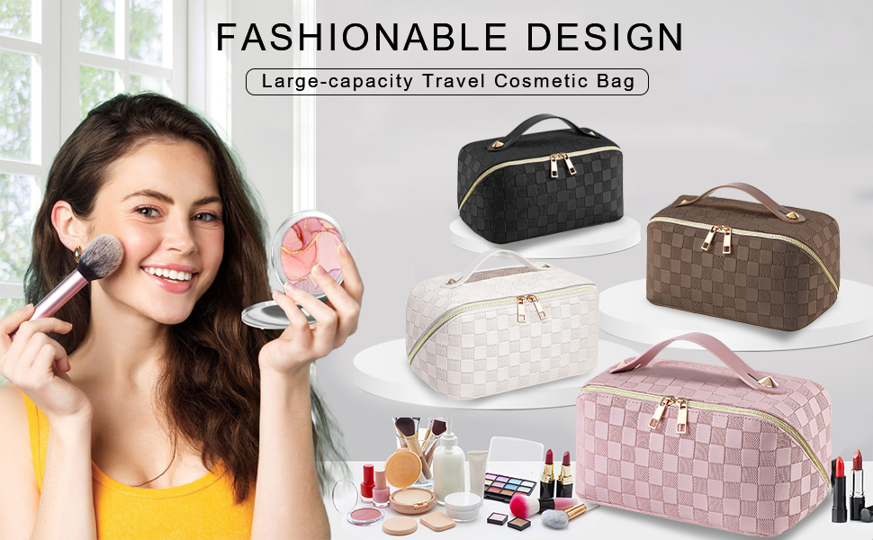 Косметичка для подорожей жіноча, велика містка, з PU шкіри, органайзер для макіяжу, косметичка-рюкзак, аксесуари для подорожей, рожеана в клітинку