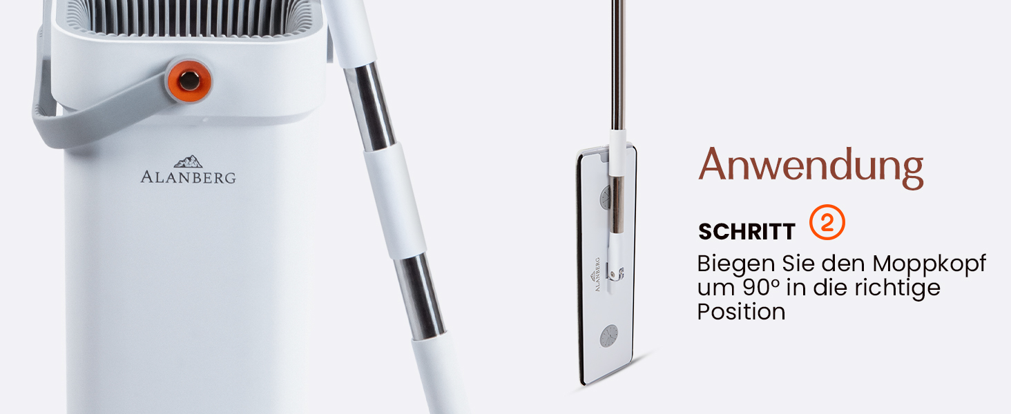 Набір для миття підлоги XL з відром, 2-камерна система, телескопічна ручка 143-181 см, плоский моп 40 см, самовіджимання з видаленням шерсті тварин та 2 мікрофібровими накладками, білий – ALANBERG®