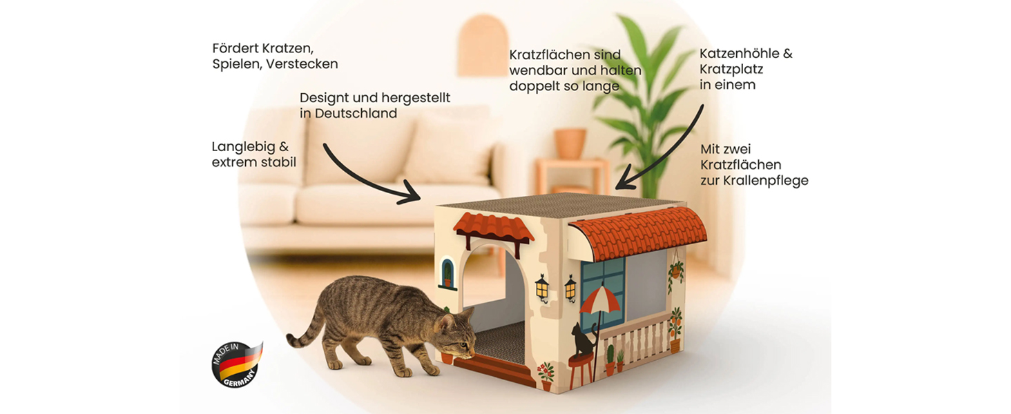 Будинок для котів Cat’s Palace з подвійними місцями для дряпання | 45x35x35 см | Зроблено в Німеччині