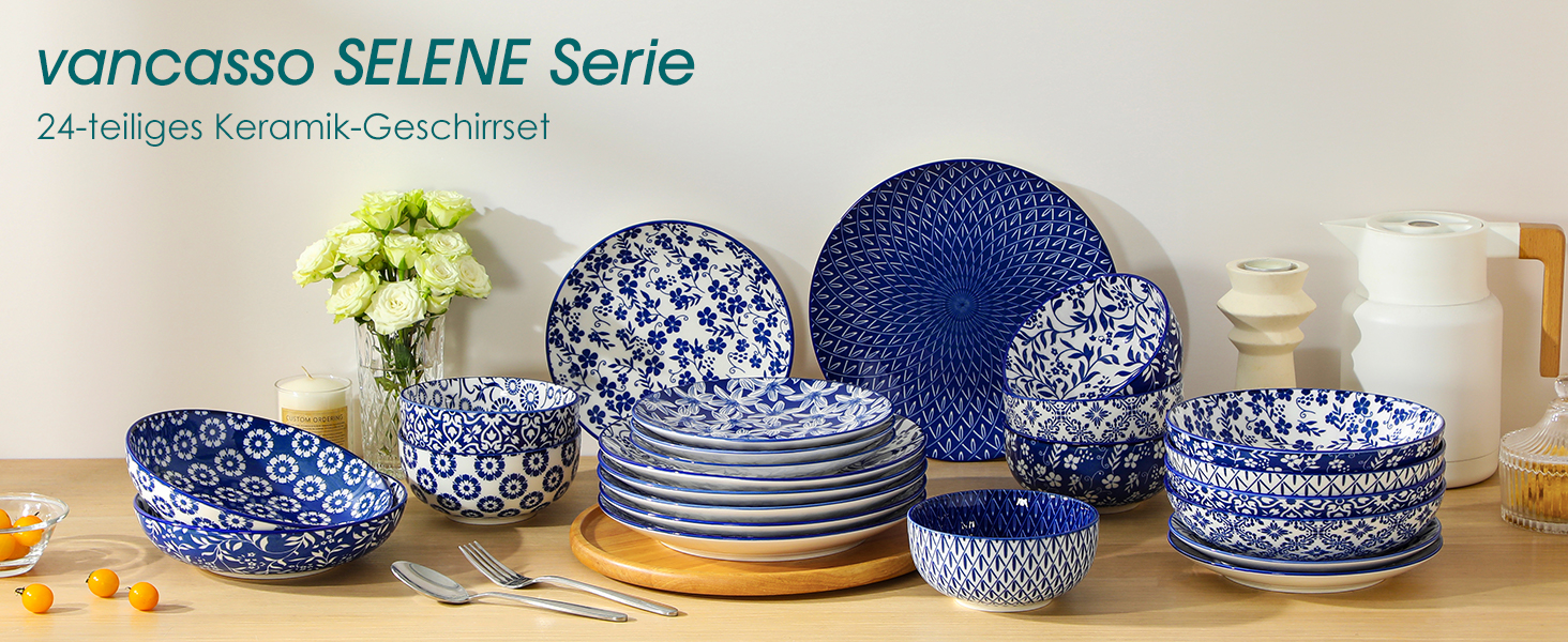 Набір посуду на 6 осіб Vancasso Selene 24 частини: тарілки, супові тарілки, салатники, миски. Керамічний сервіз з порцеляни, блакитно-білий.