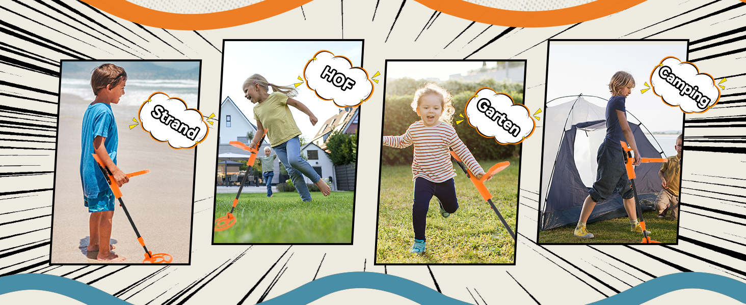 Металодетектор SUNPOW для дітей - LCD-дисплей з мультфільмами, водонепроникна котушка IP68, унісекс дизайн, 3 режими (All Metal/Disc/Pinpoint), регульована ручка 81-102 см для дітей 5-12 років, помаранчевий