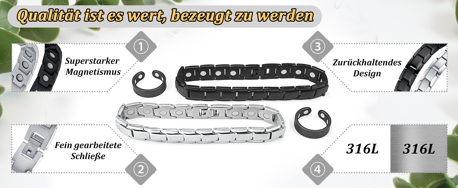 Браслет магнітний чоловічий Vicmag з титанової сталі, подвійний ряд магнітів, регулювальний інструмент, подарункова коробка (однорядний, срібний)