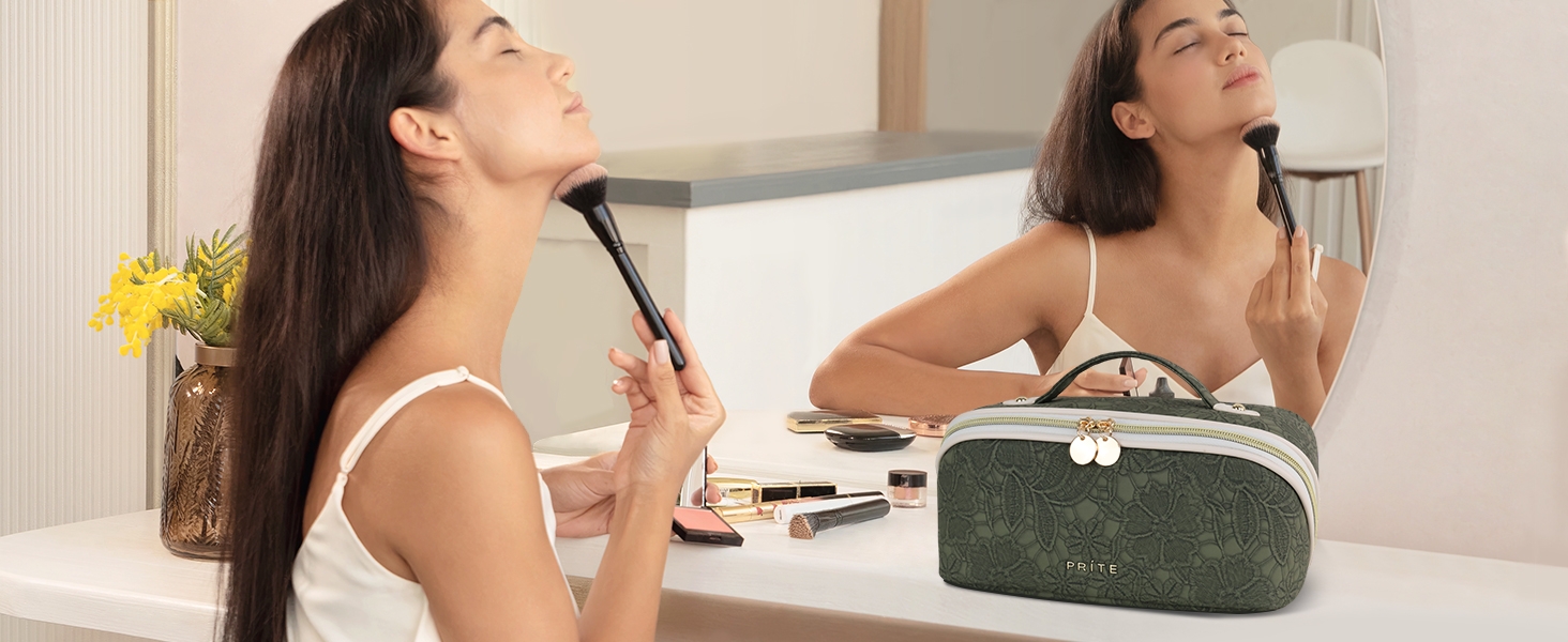 Косметичка для подорожей великого об'єму з прозорими перегородками, зелена квітка, водонепроникна, з PU-шкіри