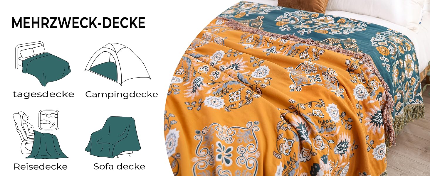 Покривало HOORDRY Boho для ліжка та дивана, бавовняна двостороння ковдра 150×200 см з китицями, жовто-зелене, для спальні та вітальні