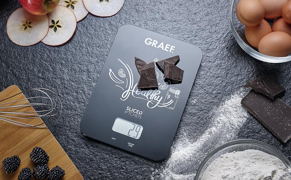 Кухонні ваги GRAEF KS202 чорного кольору з цифровим дисплеєм, скло, до 5 кг, функція тарування
