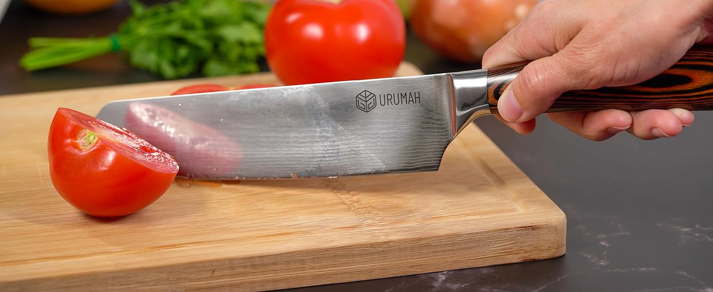 Японський ніж Kiritsuke від URUMAH: професійний ніж шеф-кухаря з високоякісної сталі 7CR17MoV з дерев'яною ручкою. У подарунковій коробці з захистом леза.