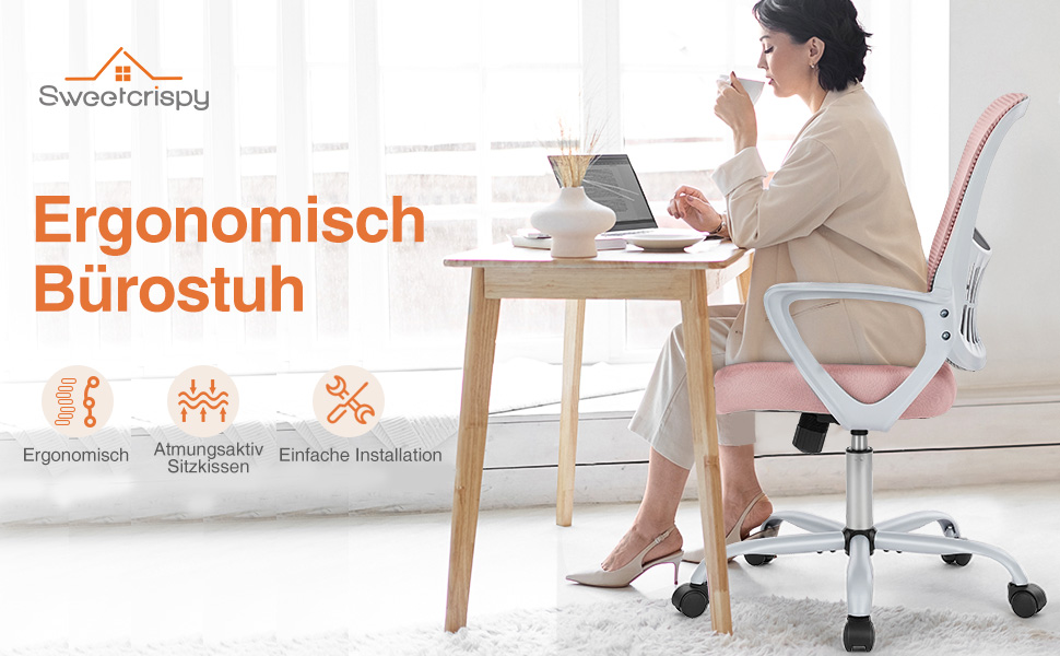 Ергономічне крісло Sweetcrispy для офісу та дому, з підтримкою попереку, регулюванням висоти та підлокітниками (рожевий)