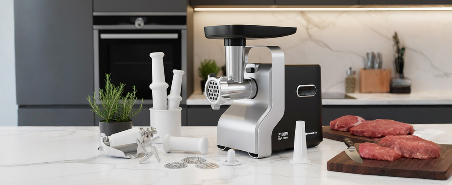 М'ясорубка електрична MG-2100BKSL 2100 Вт, нержавіюча сталь, чорно-срібна - 1.8 кг/хв, насадки для ковбас та томатів, реверс