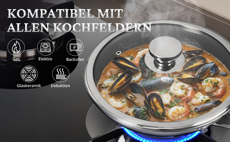 Пательня KOKHUB 28 см з кришкою, індукційна, нержавіюча сталь Tri-Ply, антипригарна, для всіх плит, жароміцна