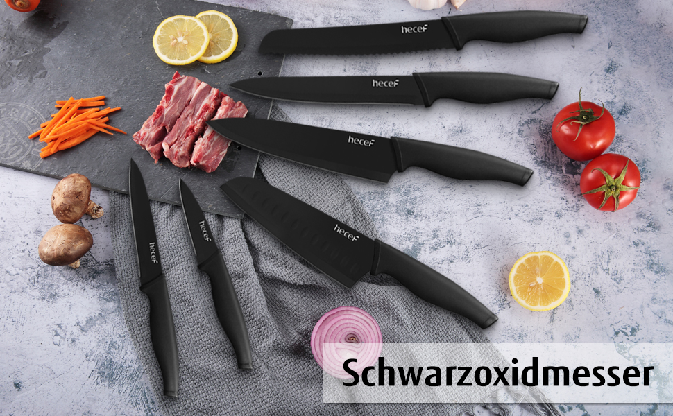 Набір ножів Hecef 6 шт. з захисними піхвами, чорний оксидований, стійкий до подряпин та іржі, антипригарне покриття